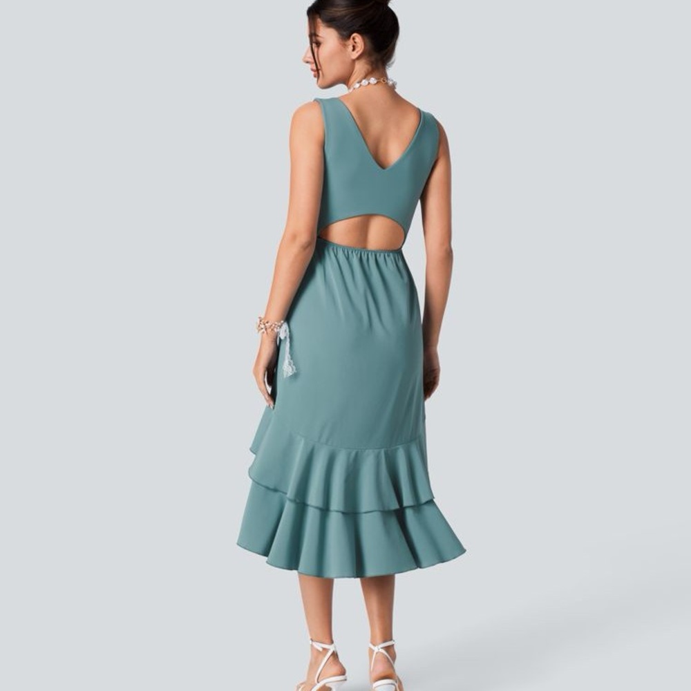 HALARA Breezeful Ruffled Stone Blue High Low Dress With Open Back Teal - Picture 7 of 10